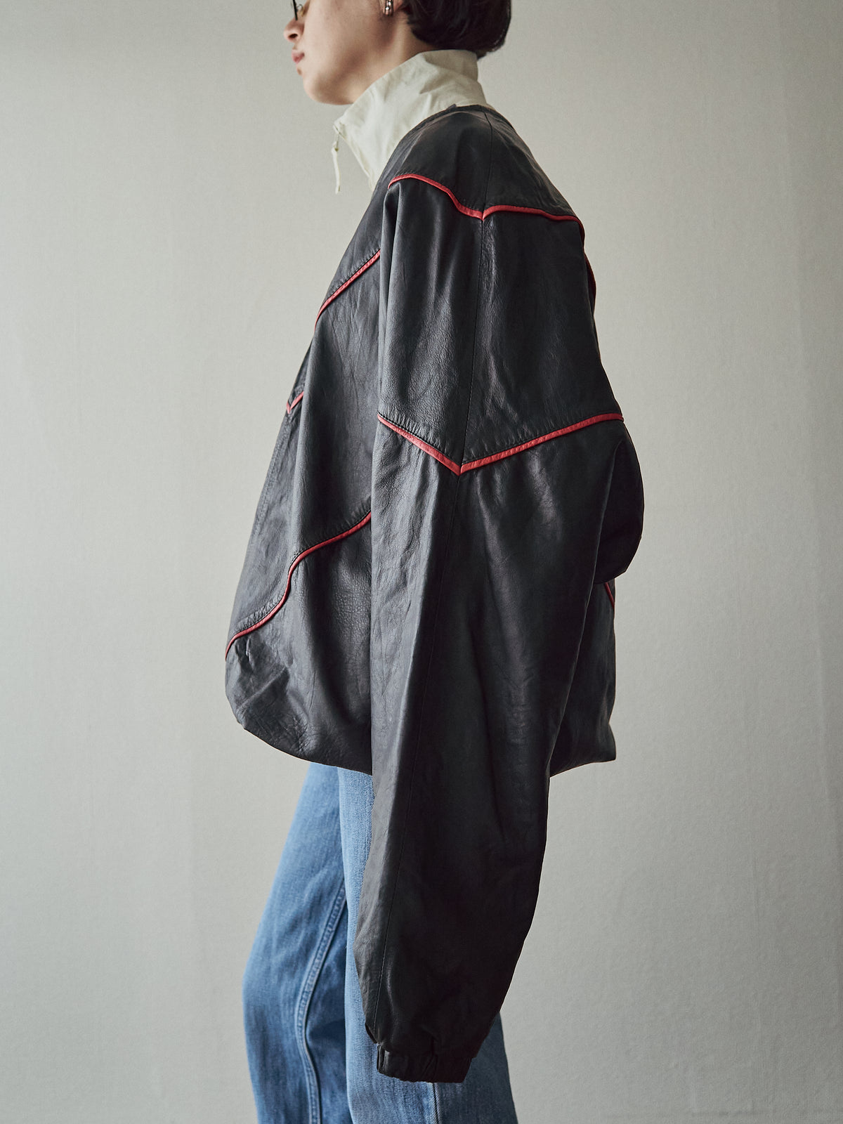 【SIZE XL】80s Shoulder-Snap Oversized Piping Leather Pullover / Black Red Piping
