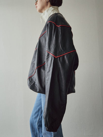 【SIZE XL】80s Shoulder-Snap Oversized Piping Leather Pullover / Black Red Piping