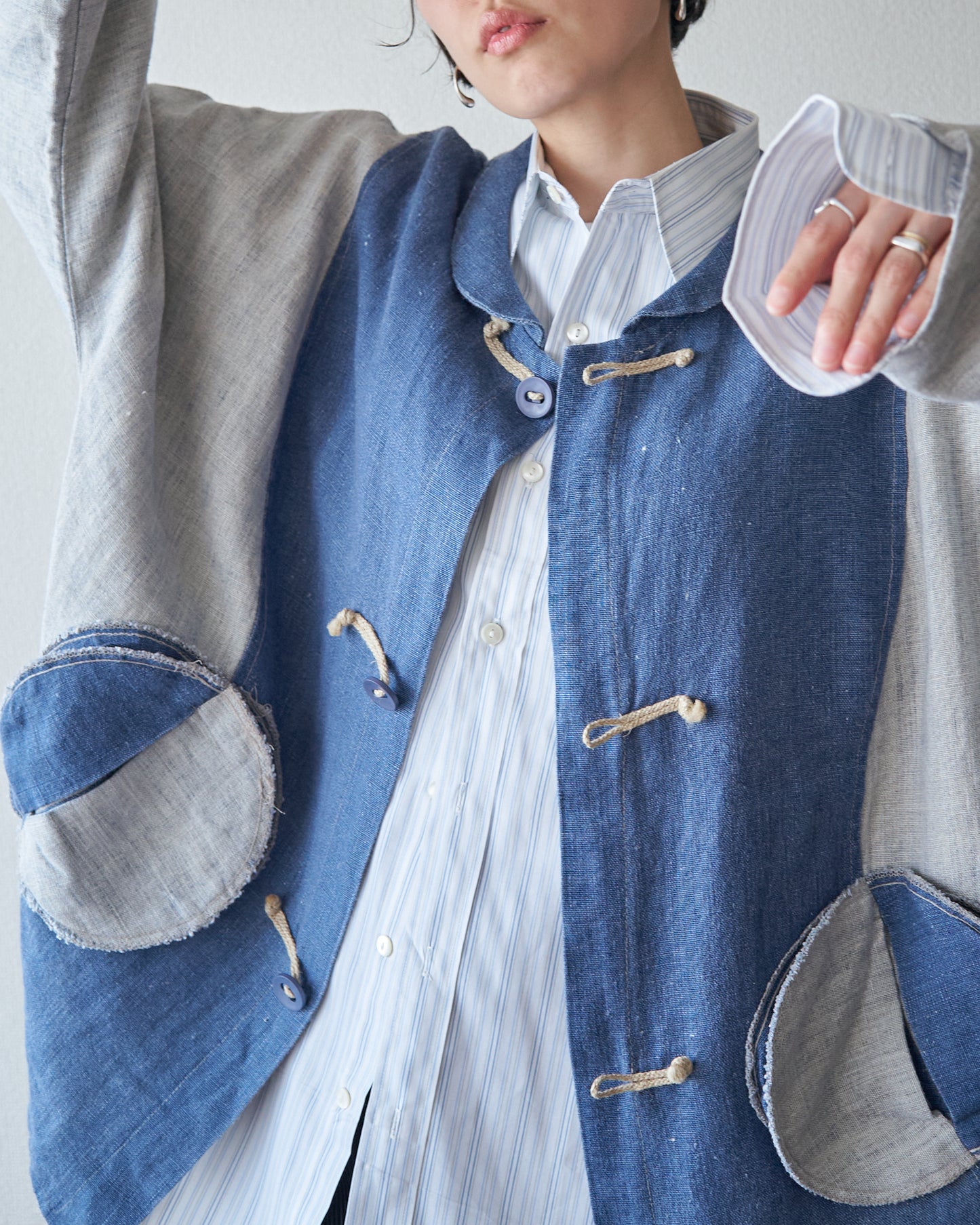 80-90s Circular Pocket Switching Linen Jacket / Blue × Gray