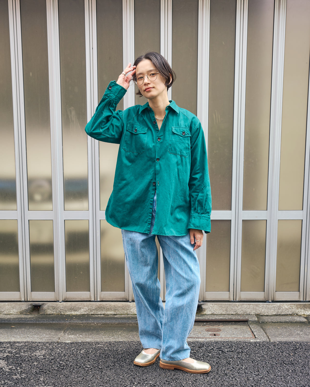 【SIZE S】1950-60s French Cotton Twill Back-Button Work Shirt / Deep Teal