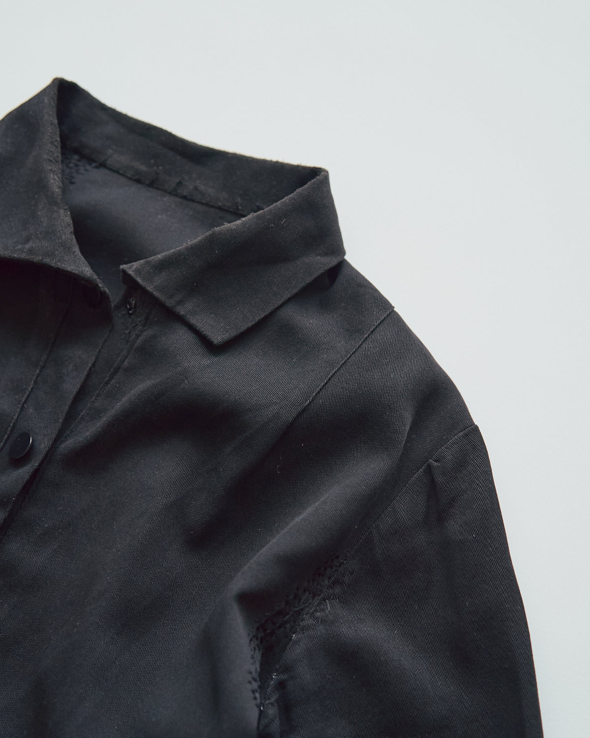 【SIZE S】-1940s French Black Cotton Sateen Maid Dress / Hand-Darned Repairs
