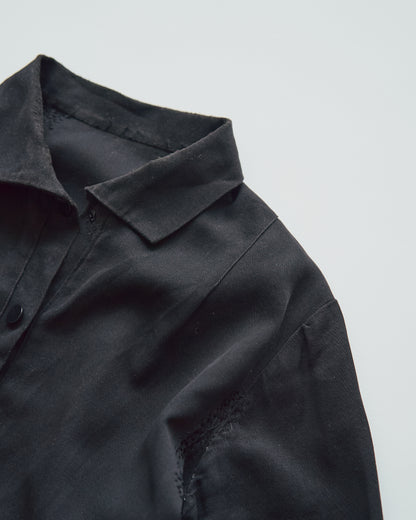 【SIZE S】-1940s French Black Cotton Sateen Maid Dress / Hand-Darned Repairs