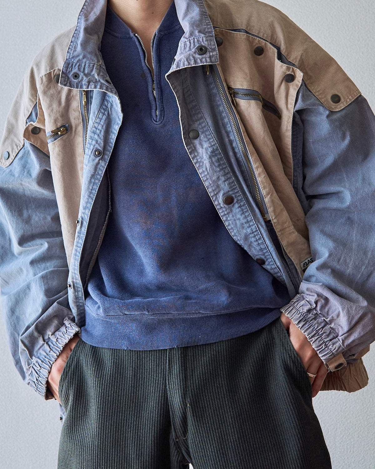 【SIZE M-L】80-90s FLASH Cotton Twill Detachable Multi-Pocket Bomber Jacket / Grey Beige