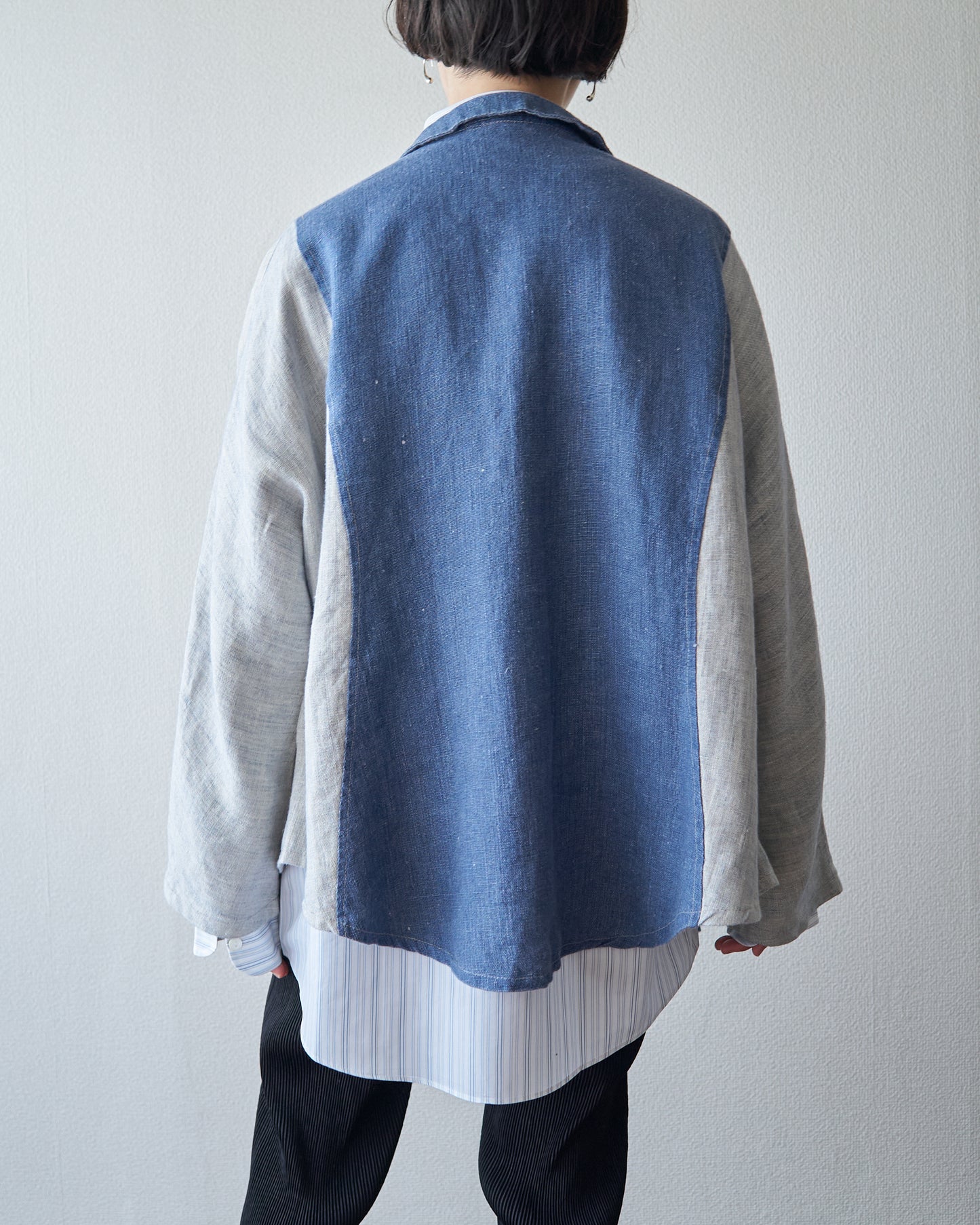 80-90s Circular Pocket Switching Linen Jacket / Blue × Gray