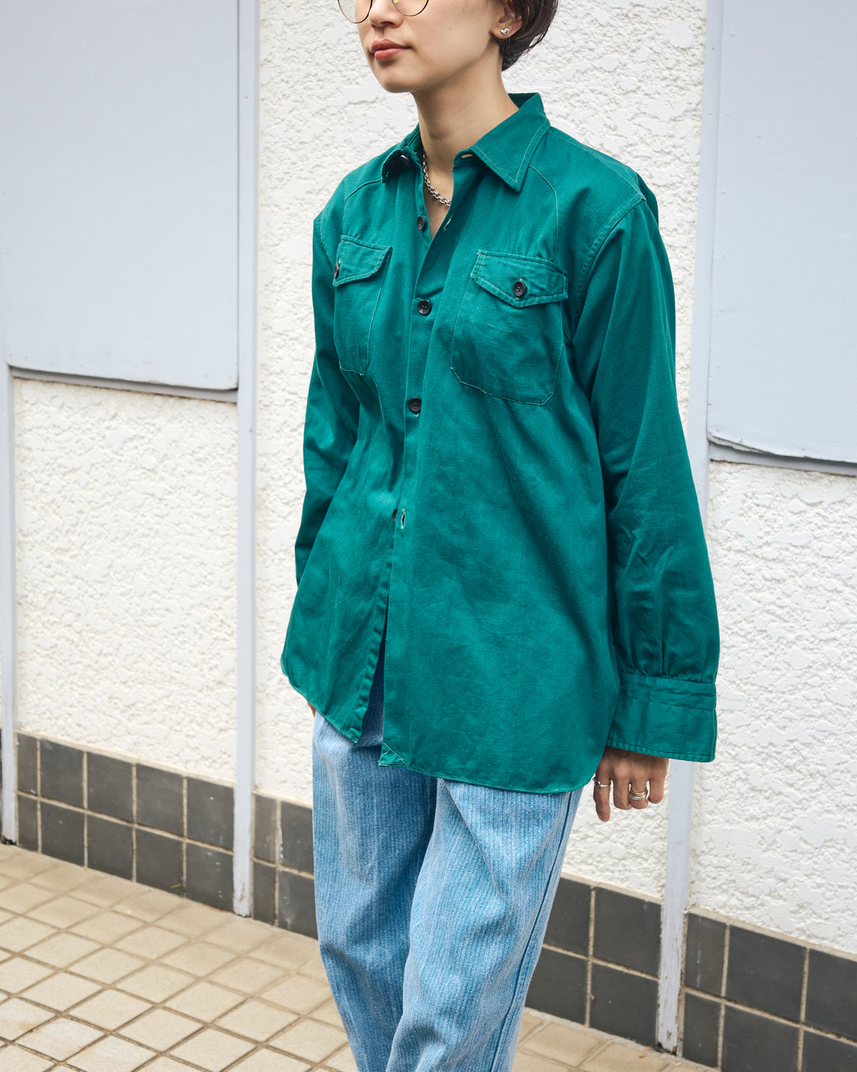 【SIZE S】1950-60s French Cotton Twill Back-Button Work Shirt / Deep Teal