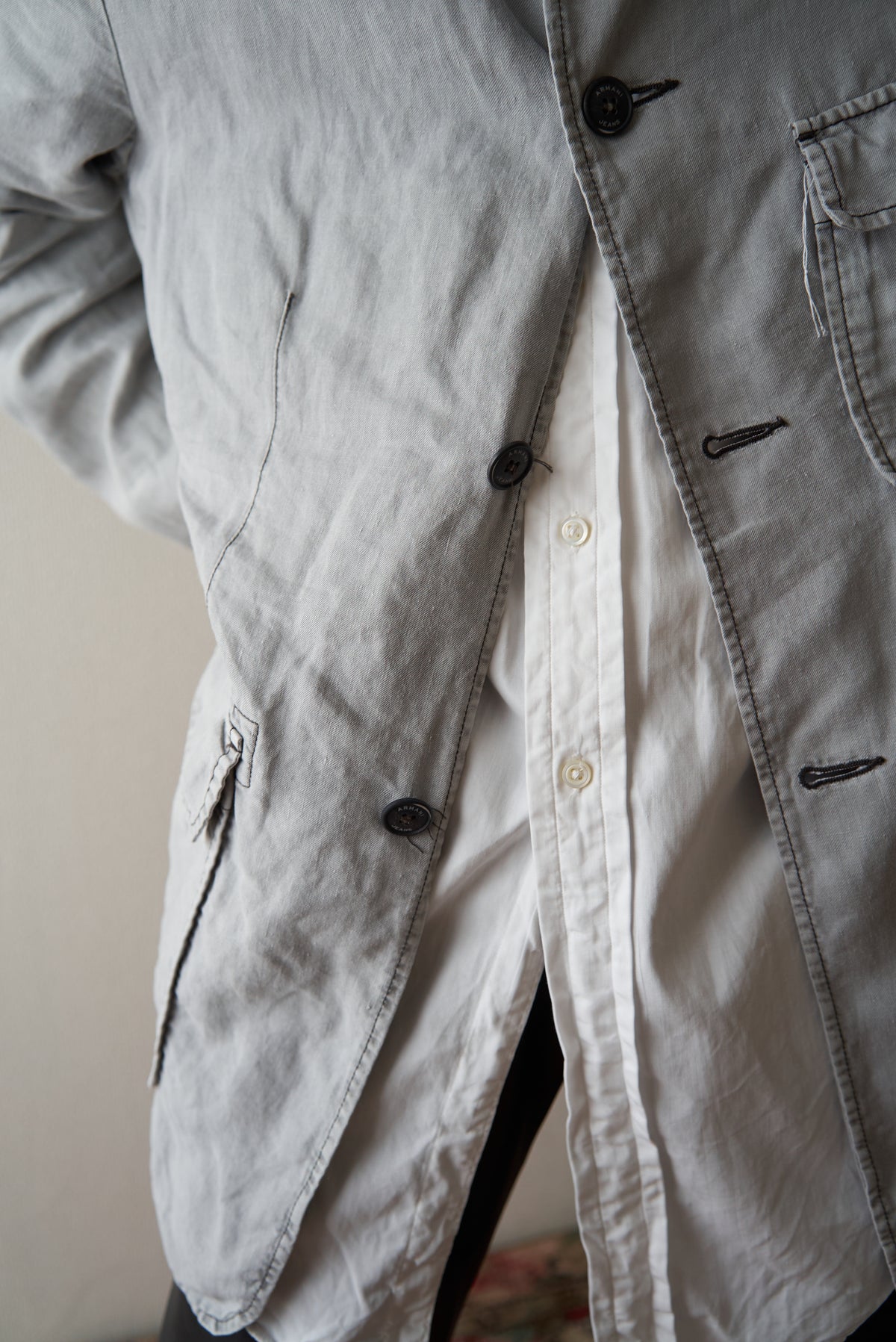 【SIZE : M-L】 ARMANI JEANS Garment-Dyed Linen Field Jacket / Light Grey