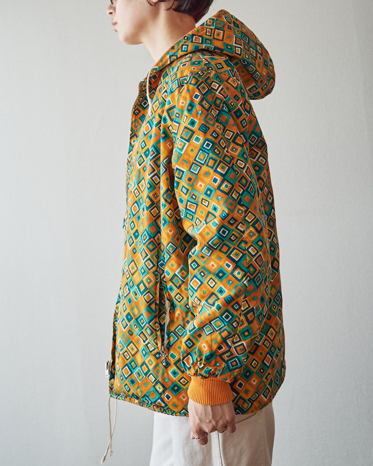 【SIZE S】70s Reversible Cotton Op-Art Geometric Print Ski Parka / Orange Multi