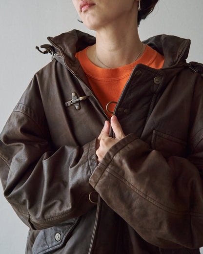 【SIZE S-M】80s Italian Leather Fireman  Hooded Jacket / Brown