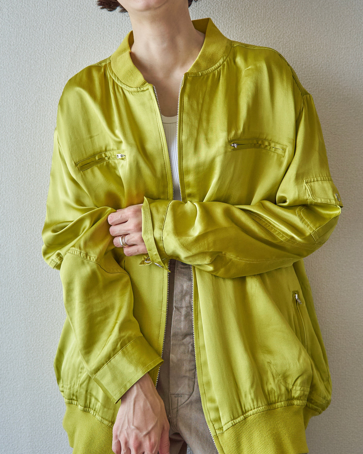 【SIZE S-M】2010s CHICO'S DESIGN Silk Satin MA-1 Bomber / Chartreuse Yellow