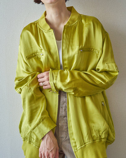 【SIZE S-M】2010s CHICO'S DESIGN Silk Satin MA-1 Bomber / Chartreuse Yellow