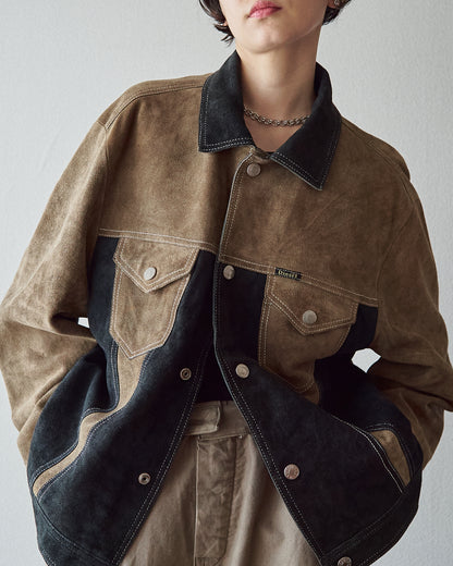 【SIZE M-L】90s DIESEL Suede Two-Tone Trucker Jacket / Beige Black