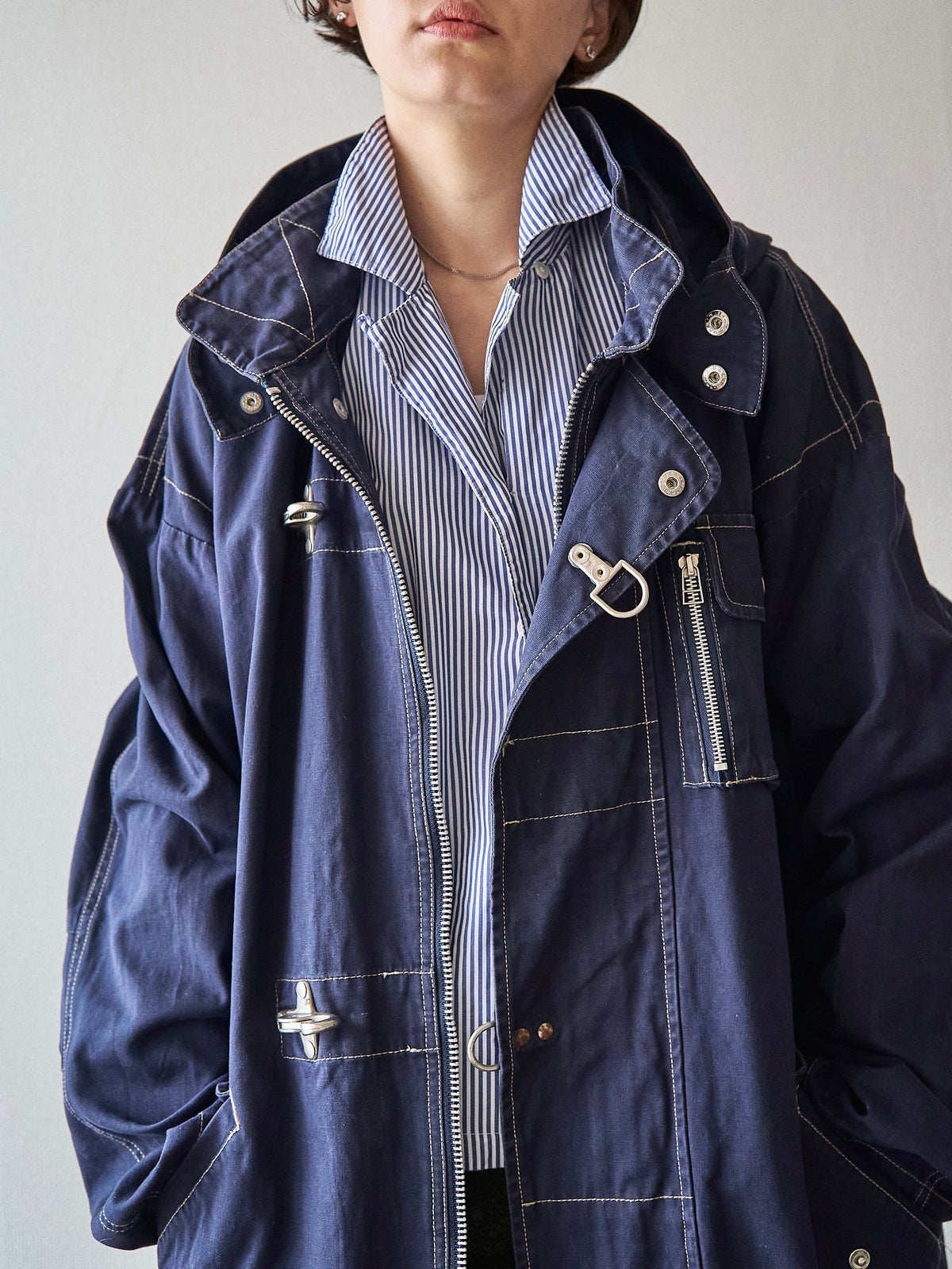 【SIZE L】OXER Cotton Detachable Hood Fireman-Hook  Coat / Navy