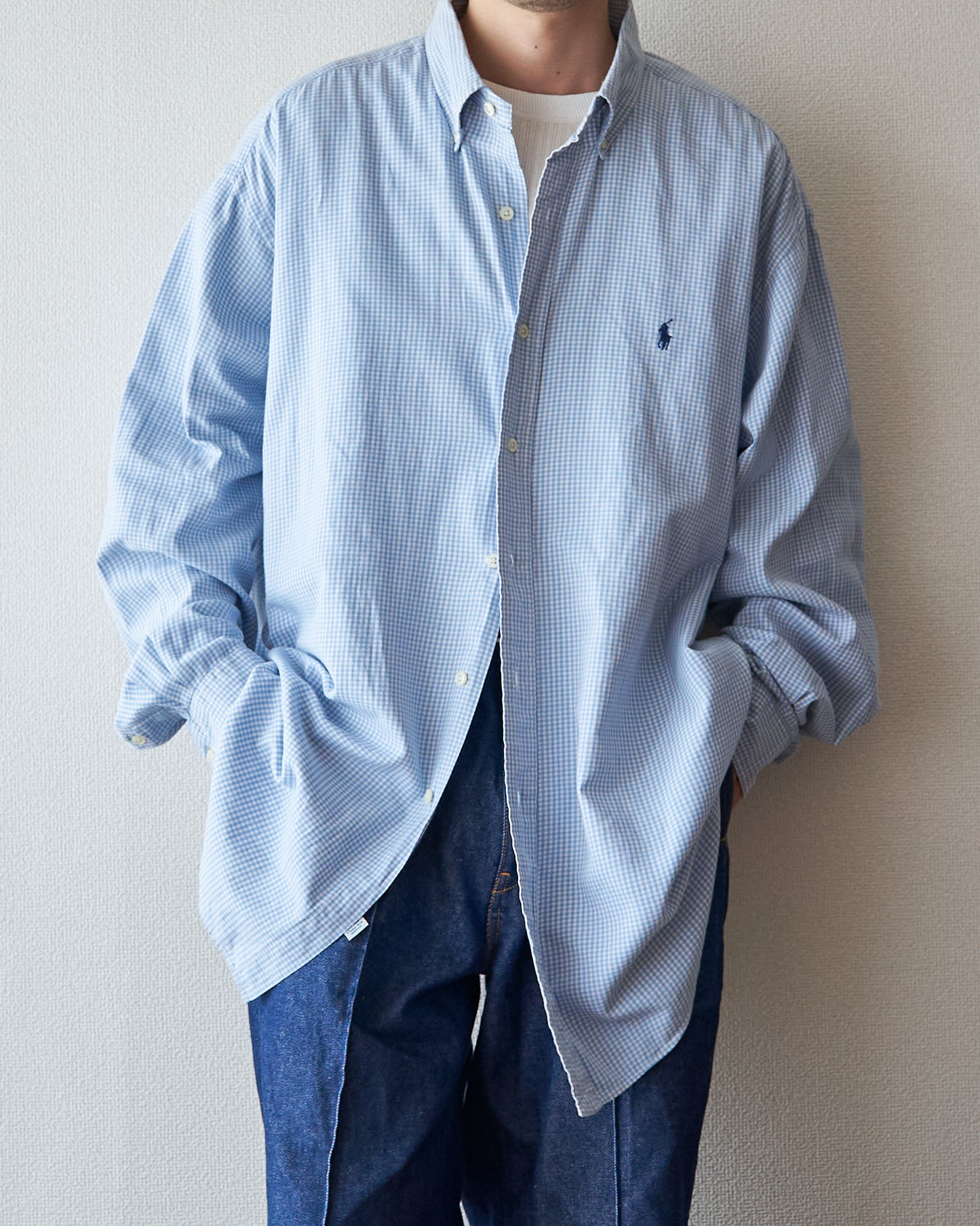 90-00's RALPH LAUREN "BLAKE" Cotton Twill Gingham BD Shirt / Blue × White