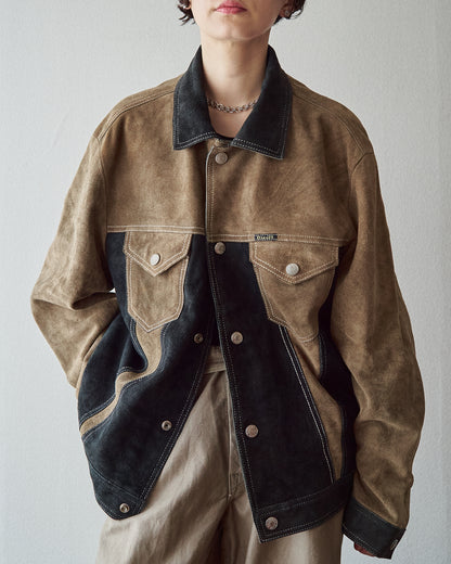 【SIZE M-L】90s DIESEL Suede Two-Tone Trucker Jacket / Beige Black