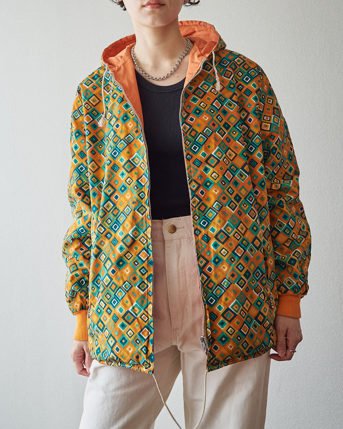 【SIZE S】70s Reversible Cotton Op-Art Geometric Print Ski Parka / Orange Multi