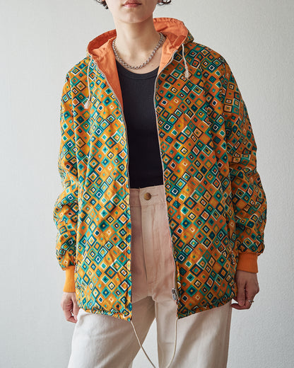 【SIZE S】70s Reversible Cotton Op-Art Geometric Print Ski Parka / Orange Multi