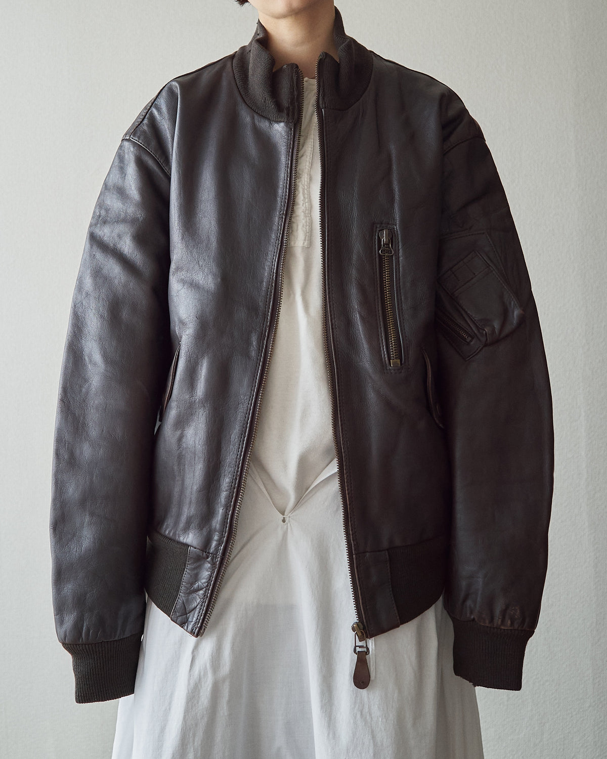 【SIZE L】-90s ARMANI JEANS  Leather Flight Bomber Jacket / Brown