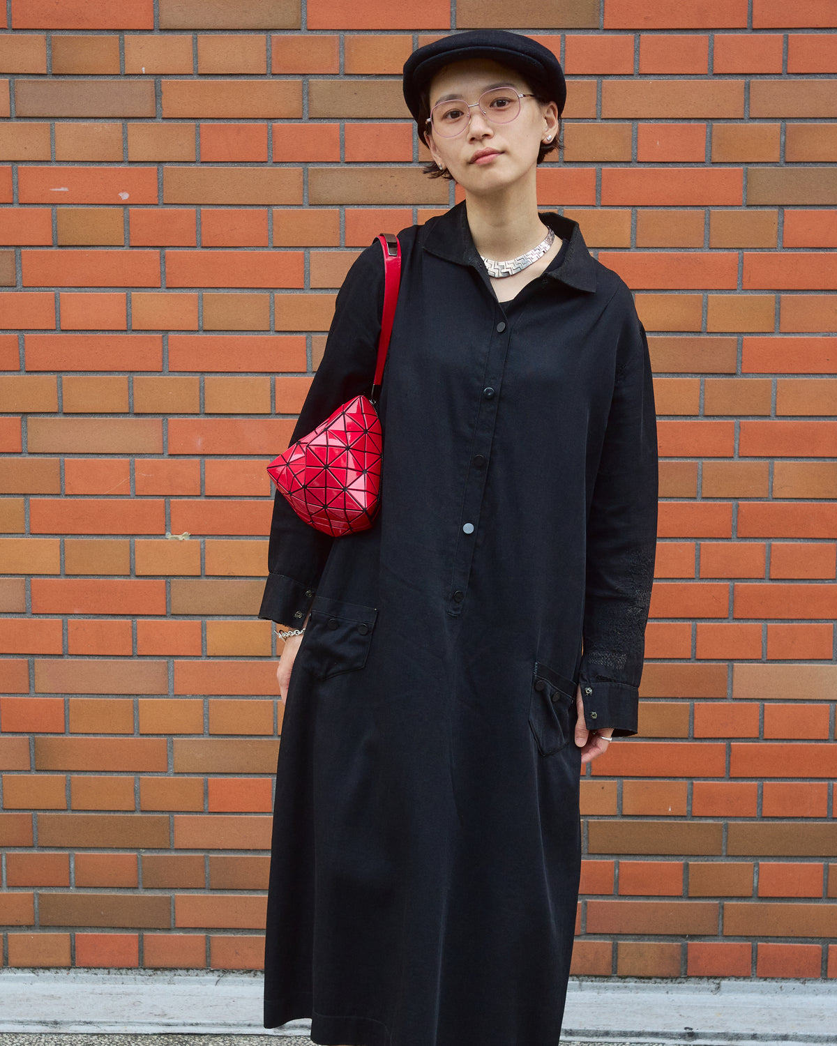 【SIZE S】-1940s French Black Cotton Sateen Maid Dress / Hand-Darned Repairs