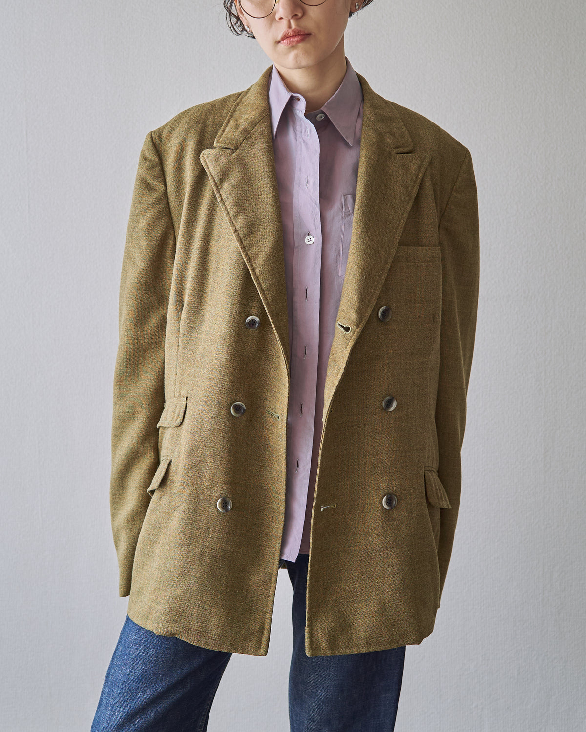 【SIZE M】70s Notch Lapel Double Breasted Tailored Jacket / Mustard Olive