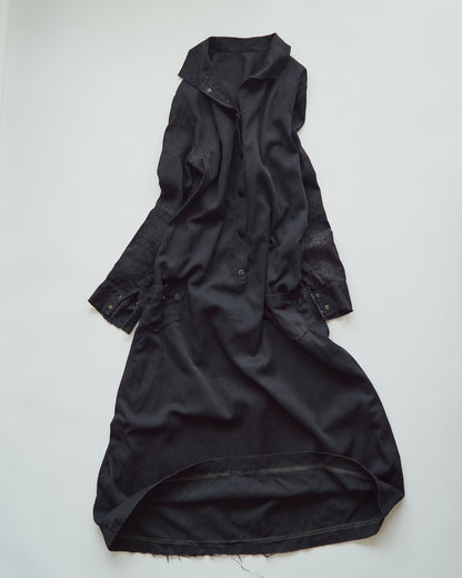 【SIZE S】-1940s French Black Cotton Sateen Maid Dress / Hand-Darned Repairs