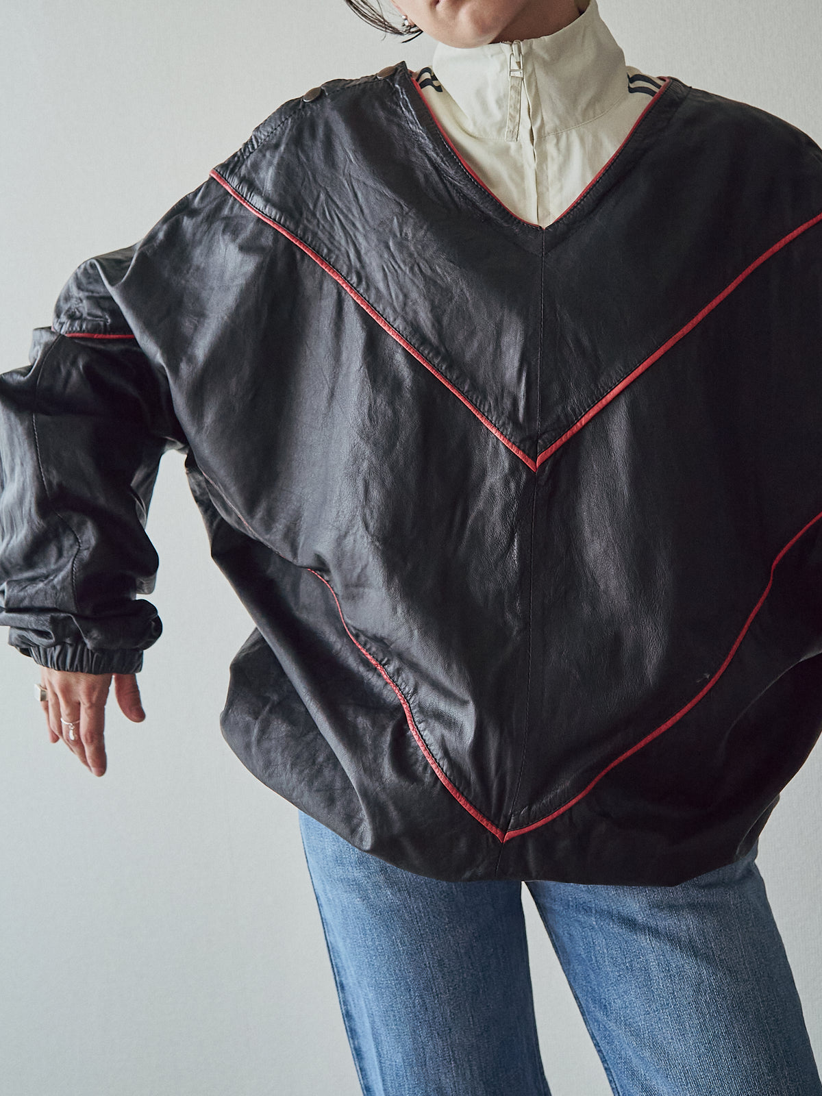 【SIZE XL】80s Shoulder-Snap Oversized Piping Leather Pullover / Black Red Piping