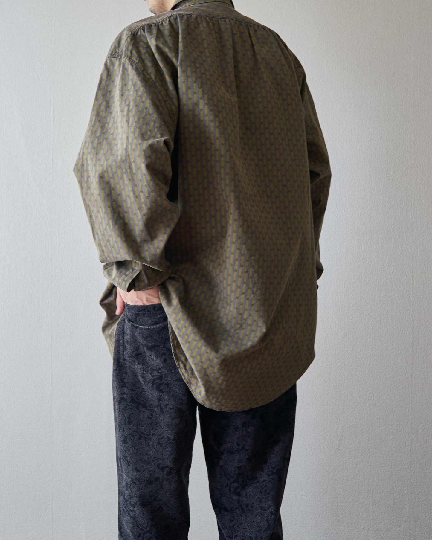 80-90s RENOMA PARIS Cotton Dobby-Striped Balloon Sleeve Shirt / Mustard Grey × Charcoal