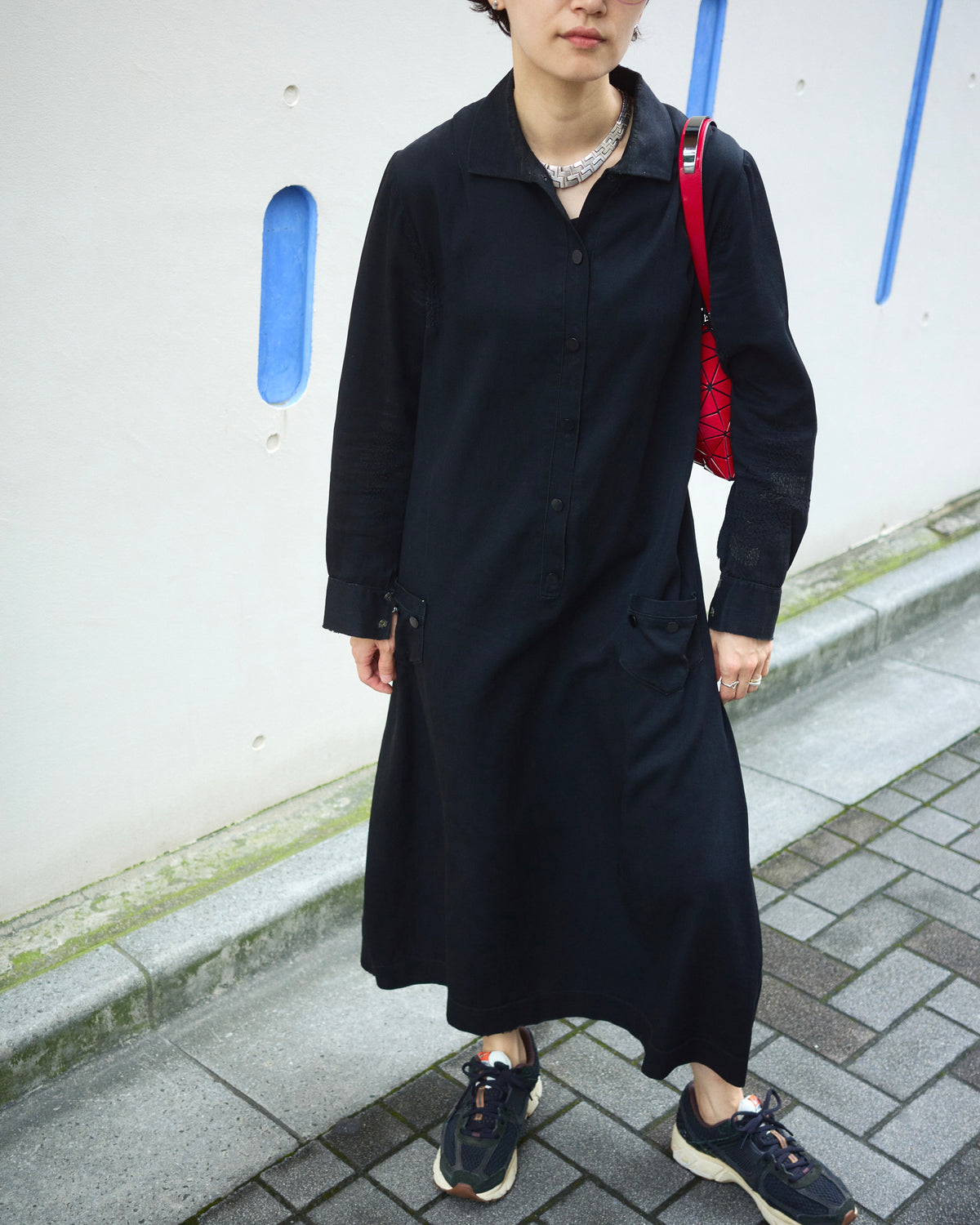 【SIZE S】-1940s French Black Cotton Sateen Maid Dress / Hand-Darned Repairs