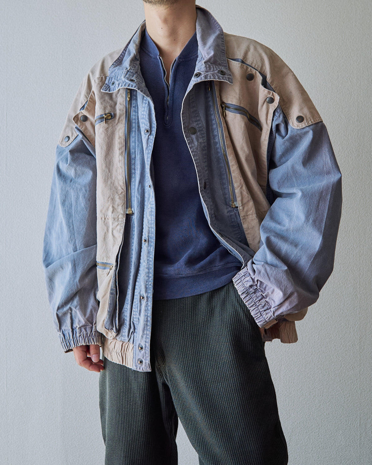 【SIZE M-L】80-90s FLASH Cotton Twill Detachable Multi-Pocket Bomber Jacket / Grey Beige