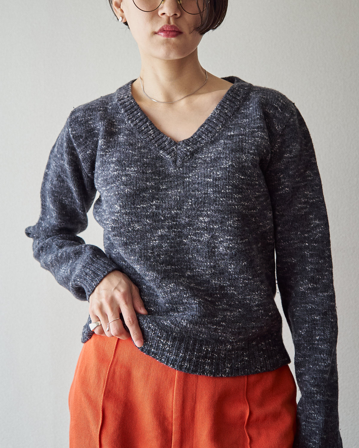【SIZE S-M】90s agnès b. WOOL MELANGE V-NECK KNIT / Charcoal