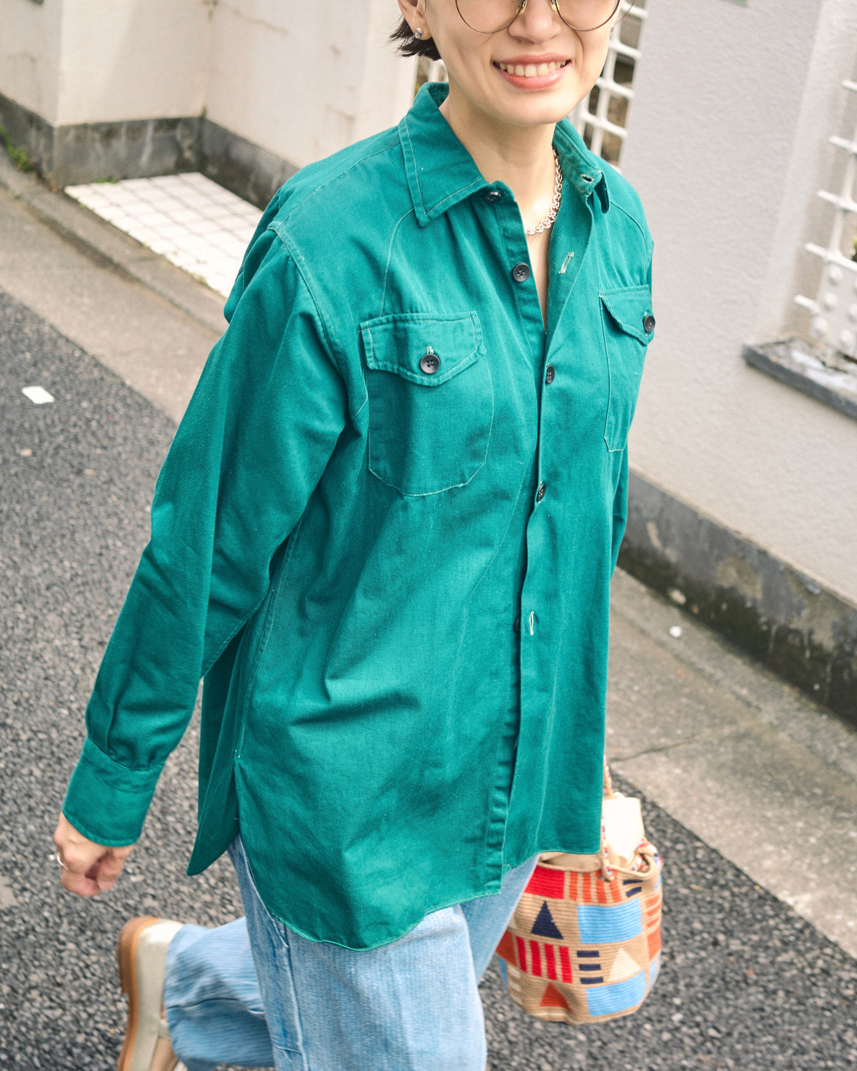 【SIZE S】1950-60s French Cotton Twill Back-Button Work Shirt / Deep Teal