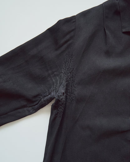 【SIZE S】-1940s French Black Cotton Sateen Maid Dress / Hand-Darned Repairs