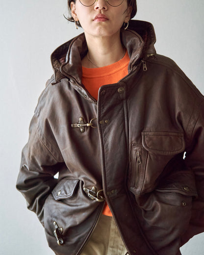 【SIZE S-M】80s Italian Leather Fireman  Hooded Jacket / Brown