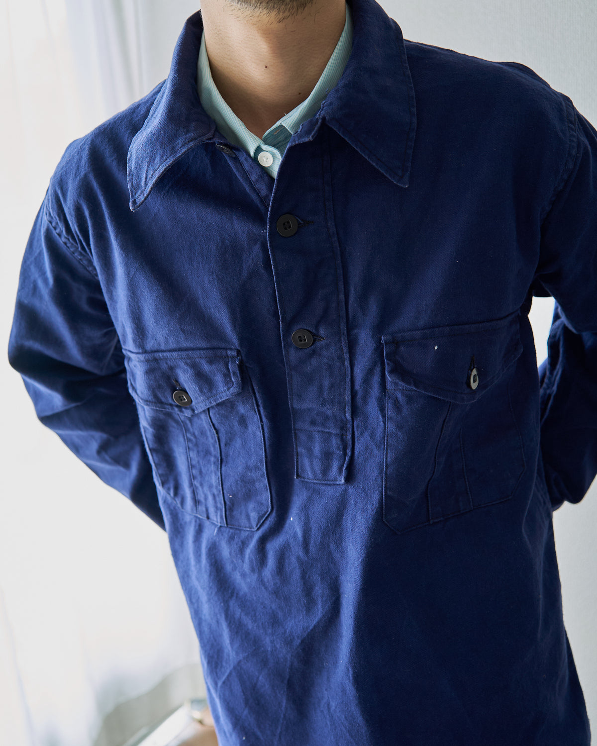 【SIZE M-L】70's Swedish Military Cotton Twill Pullover Shirt / Ink Blue
