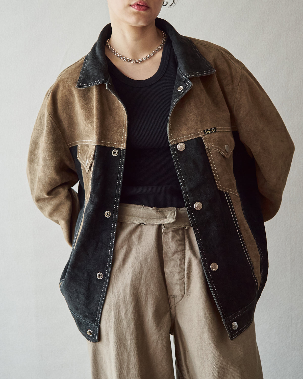 【SIZE M-L】90s DIESEL Suede Two-Tone Trucker Jacket / Beige Black