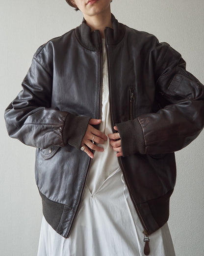 【SIZE L】-90s ARMANI JEANS  Leather Flight Bomber Jacket / Brown