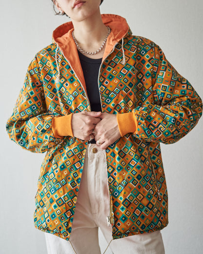 【SIZE S】70s Reversible Cotton Op-Art Geometric Print Ski Parka / Orange Multi