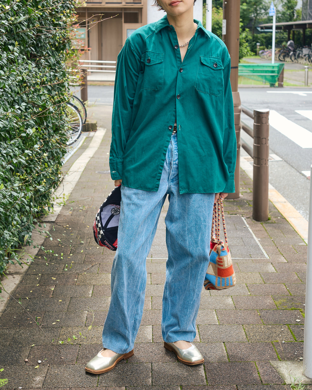 【SIZE S】1950-60s French Cotton Twill Back-Button Work Shirt / Deep Teal