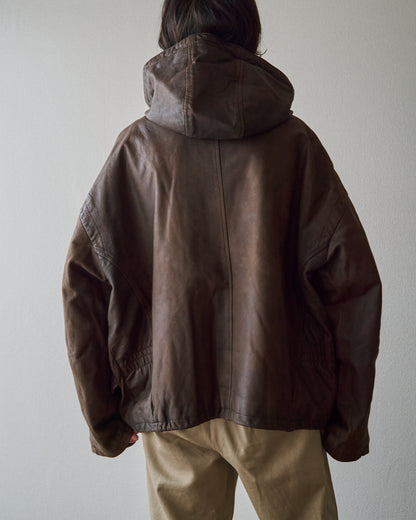 【SIZE S-M】80s Italian Leather Fireman  Hooded Jacket / Brown