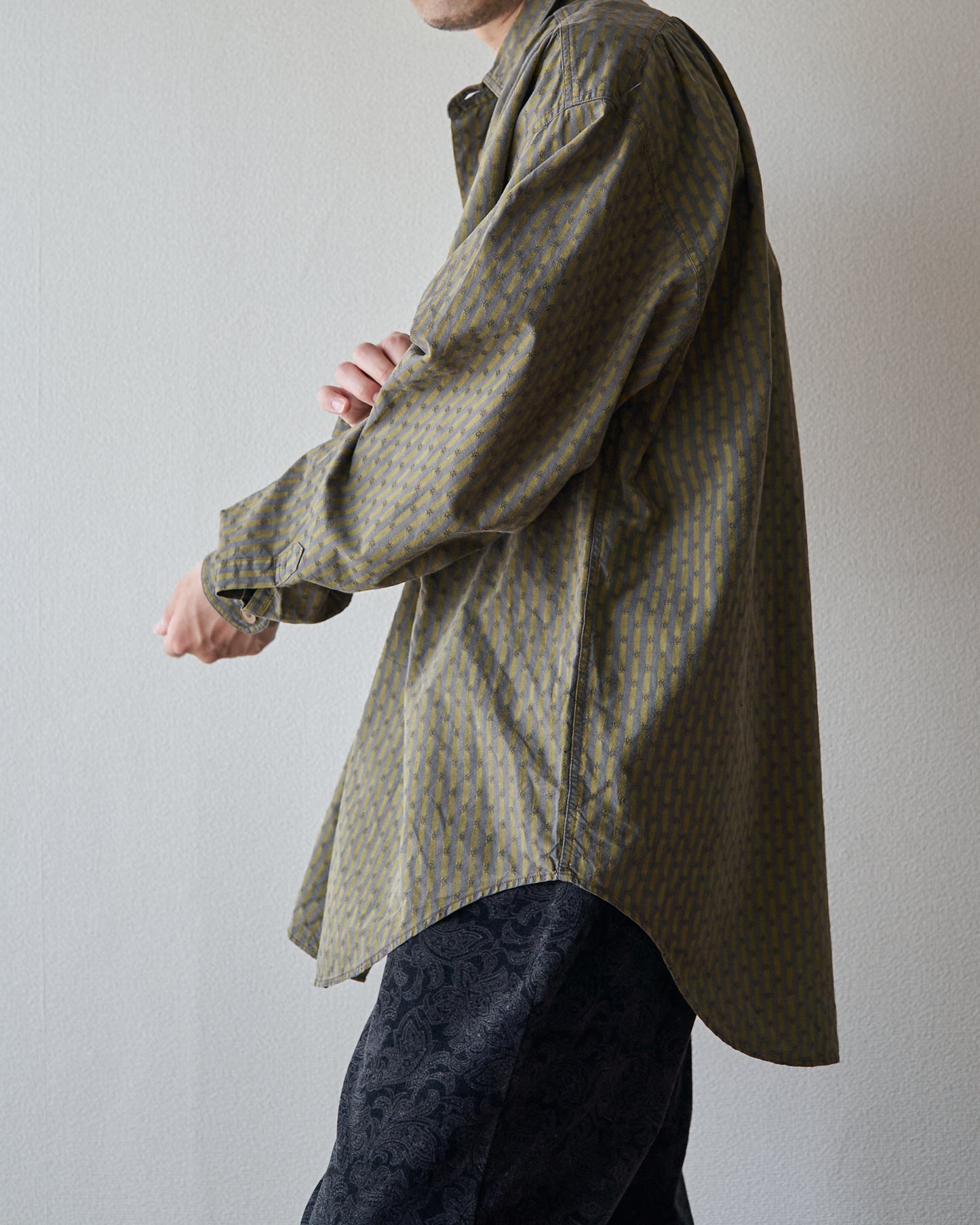 80-90s RENOMA PARIS Cotton Dobby-Striped Balloon Sleeve Shirt / Mustard Grey × Charcoal