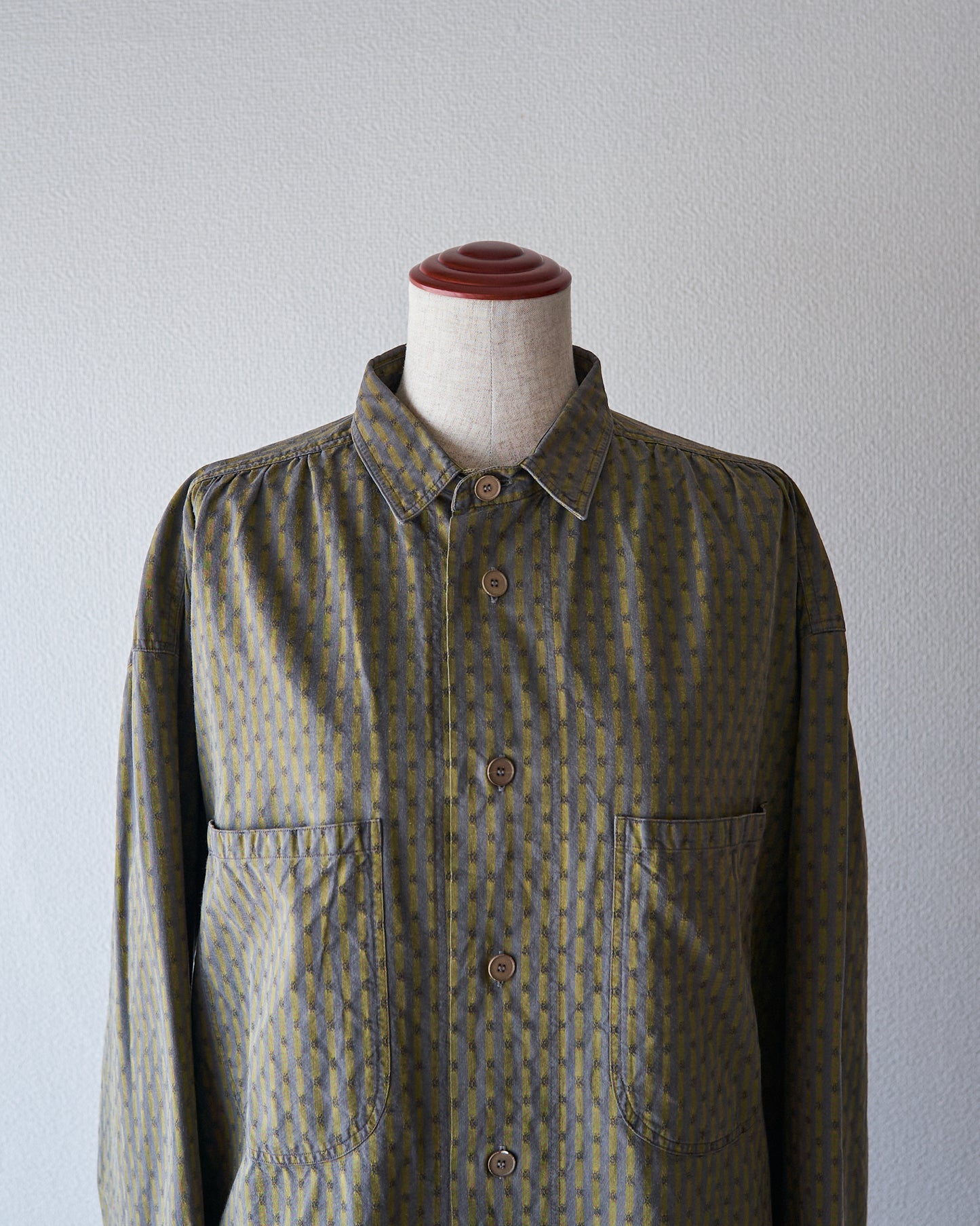 80-90s RENOMA PARIS Cotton Dobby-Striped Balloon Sleeve Shirt / Mustard Grey × Charcoal