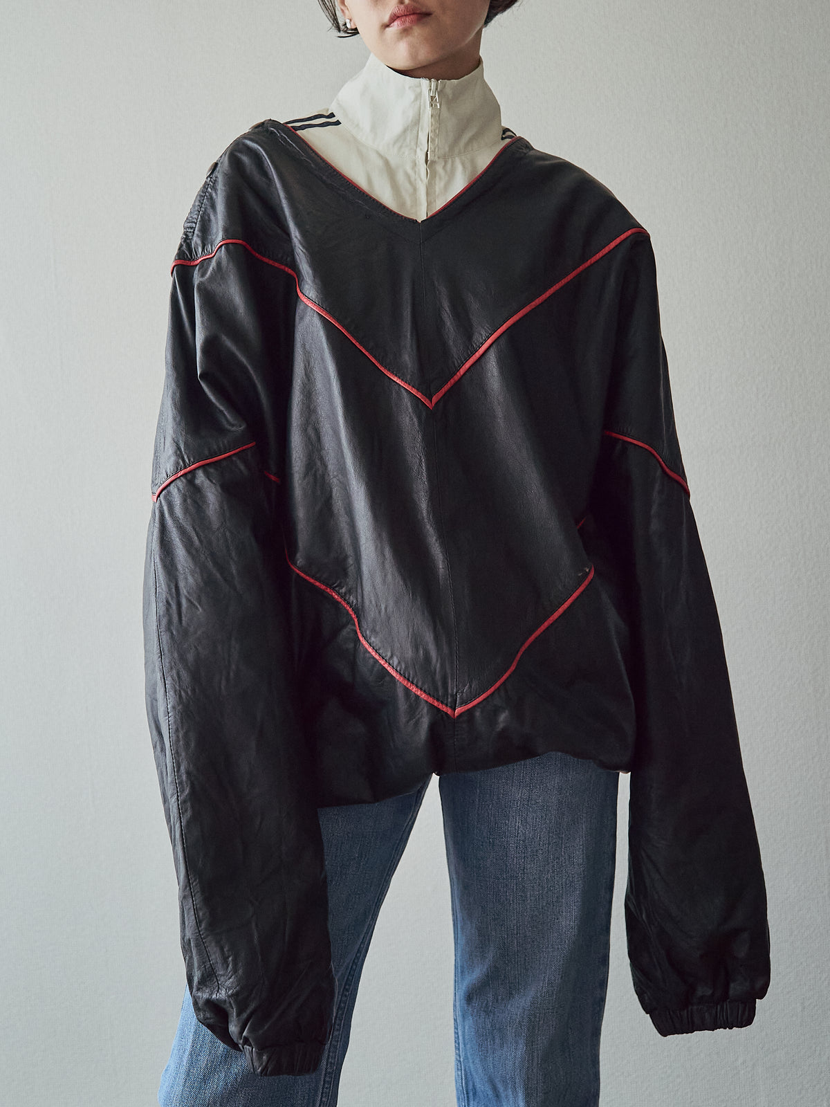 【SIZE XL】80s Shoulder-Snap Oversized Piping Leather Pullover / Black Red Piping
