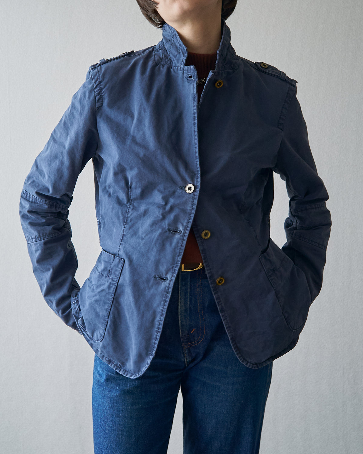 【SIZE S】ARMANI JEANS Garment-Dyed Cotton Convertible-Collar Field Jacket / Navy