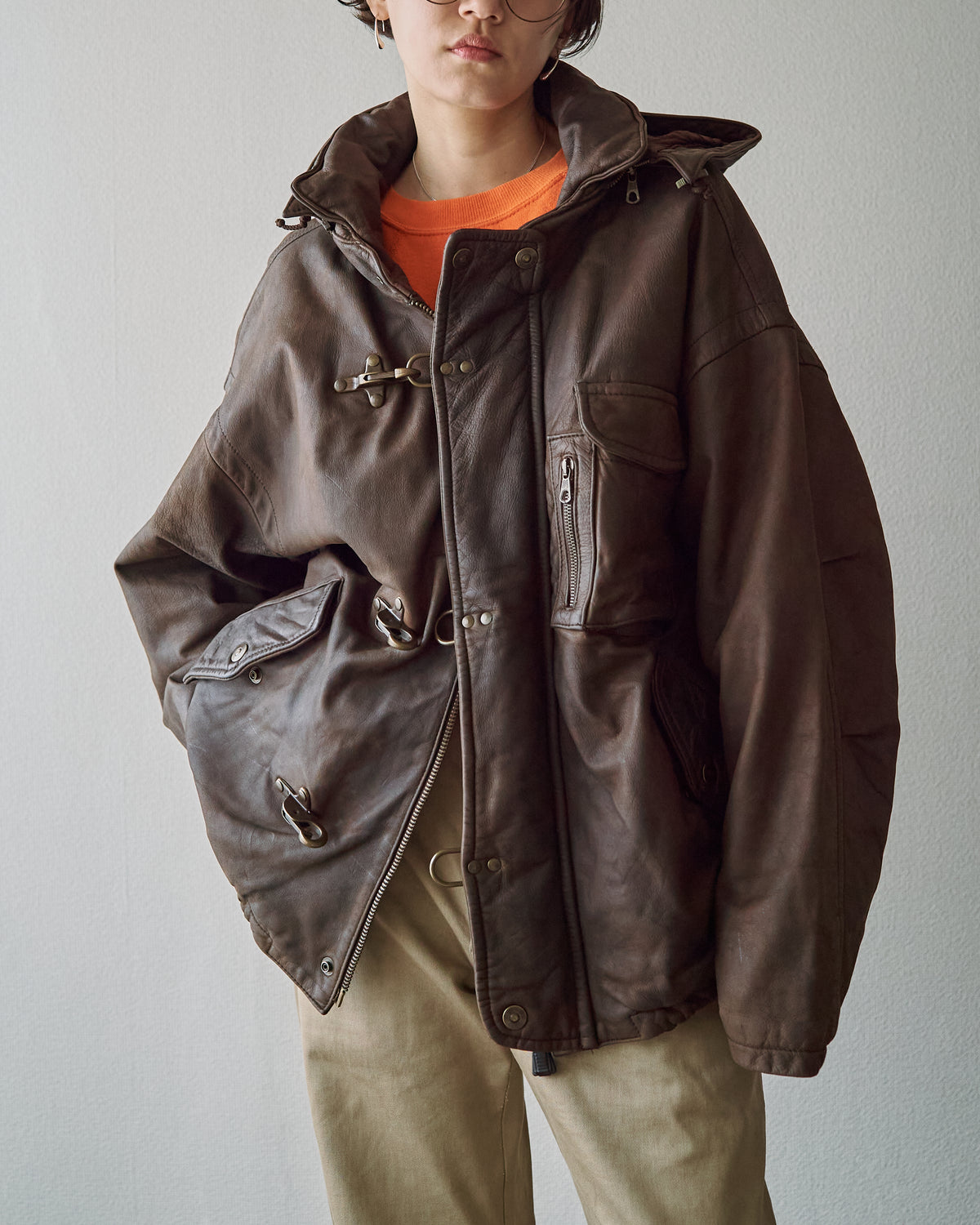 【SIZE S-M】80s Italian Leather Fireman  Hooded Jacket / Brown