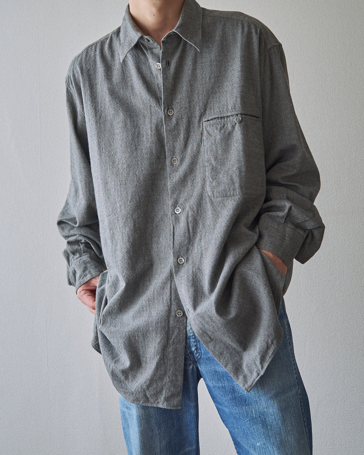 【SIZE L】80's-90s ERMENEGILDO ZEGNA Melange Flannel Cotton Shirt / Charcoal Grey