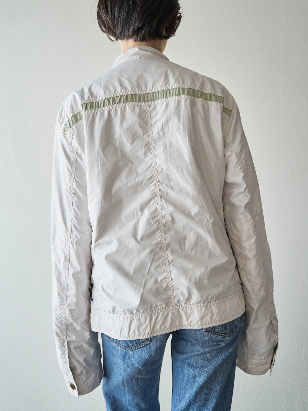 【SIZE M】2000s ARMANI JEANS PU-Coated Racing Stripe Moto Jacket / Ivory Sage Line