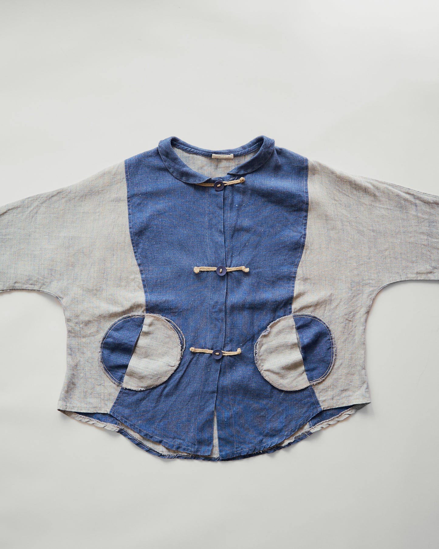 80-90s Circular Pocket Switching Linen Jacket / Blue × Gray