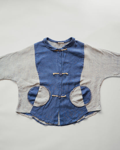 【Size S】80-90s Circular Pocket Switching Linen Jacket / Blue × Gray