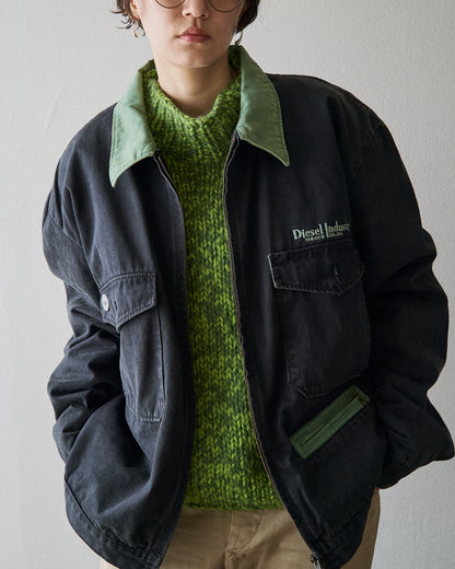 【SIZE L】90s DIESEL Industry Cotton Twill Contrast Collar Work Jacket / Black x Moss Green