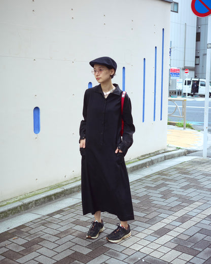 【SIZE S】-1940s French Black Cotton Sateen Maid Dress / Hand-Darned Repairs