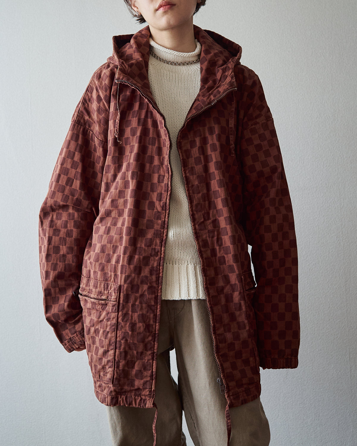 【M-L】90s MARIMEKKO Cotton Checkerboard Print Hooded Parka / Brown